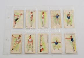 Wills's Cigarettes brit cigaretta-gyűjtőkártyák, 50 db-os komplett sorozat (testnevelés), albumlapokon / British cigarette cards, complete series of 50 (Physical Culture), in album sheets