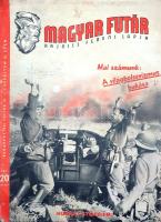 [Folyóirat] Magyar Futár. Politikai hetilap. Szerkeszti: Rajniss Ferenc. I. évfolyam, 10. szám. (1941. július 31.) Budapest, 1941. Stádium Rt. ny. Folio. 21 + [3] p. A Rajniss Ferenc szélsőjobboldali újságíró, közgazdász, szociálpolitikus főszerkesztésével megjelenő képes politikai hetilap 1941. május 29-e és 1944. december 6-a között jelent meg, erősen németbarát szellemben. Jóllehet első lapszámában a lap pártoktól függetlenként, az összmagyar szociális összefogás híveként határozta meg magát, álláspontja igencsak közel esett az éppen ellenzékben levő, szélsőjobboldali (bár nem nyilas irányzatú) Imrédy Béla-féle Magyar Megújulás Pártjához. Lapszámunk a német légierőről szólva a tengelyhatalmak technológiai fölénye mellett érvel, képes riportot közöl az európai imádkozó katonáról, a japán háborús készülődésről, illetve hazai anyagként a magyar kenyér ünnepéről, komoly népviseleti illusztrációs anyaggal. Lapszámunk elsődleges témája azonban a Szovjetunió hadüzenet nélküli német megtámadása alkalmából (1941. június 22.) a kommunizmus küszöbön álló bukása, melyet a főszerkesztő antiszemita kirohanásokkal megtűzdelt vezércikke mellett több dupla oldalas fotómelléklet is illusztrál. A jelen világháborút jó és rossz összecsapásaként értelmező lapszám a világméretű kommunista konspiráció mögött zsidó fondorlatot gyanít, illetve jelentős terjedelmet szentel a kommunista táboron belüli leszámolásoknak. "A hét térképe" néven ismert állandó térképrovatban a legjelentősebb, szovjet hadszíntér térképei. Lapszámunk karikatúráit (az utolsó oldalpár kivételével) Dinnyés Károly grafikusművész készítette. A folyóirat valamennyi lapszáma szerepel az Ideiglenes Nemzeti Kormány által 1945-ben betiltott művek jegyzékén. Fűzve, színes, illusztrált, enyhén sérült kiadói borítóban, az első fedőborítón kézzel írt számítások.