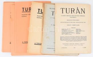1913-1943 Turán, a Turáni Társaság folyóirata 8 db száma (I-XXVI. évfolyamokból), kiadói papírkötés, változó állapotban