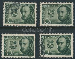 1941 Gróf Széchenyi István (I.) 4 db 10f "fehér hasú holló" lemezhibával (10.000)