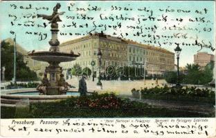 1905 Pozsony, Pressburg, Bratislava; Nemzeti és Palugyay szálloda, szökőkút. "Bediene dich allein" / hotel, fountain (EK)