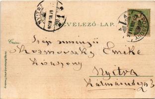 1905 Pozsony, Pressburg, Bratislava; Nemzeti és Palugyay szálloda, szökőkút. "Bediene dich alle...