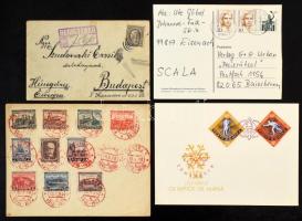 33 db külföldi küldemény, köztük vágott FDC-k, régi ajánlott is + külföldi bélyegek stecklapon + vegyes külföldi bélyegek pergamentasakban