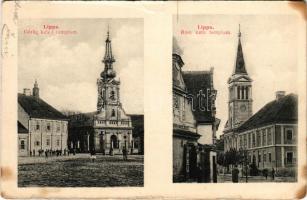 1907 Lippa, Lipova; Görögkeleti (ortodox) templom, Római katolikus templom, üzlet. Zeitler Lajos kiadása / Orthodox church, Catholic church, shop (felületi sérülés / surface damage)