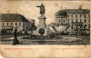 1904 Marosvásárhely, Targu Mures; Fő tér, Kossuth szobor, Bodor kút, Takarékpénztár, Bartscht Károly, Henning Károly, Falkenstein üzlete / main square, monument, musical fountain, savings bank, shops (EM)