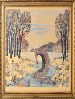 Zsille Győző (1925-2003): Téli táj. Színes linómetszet, papír, jelzett, üvegezett keretben 26x34 cm
