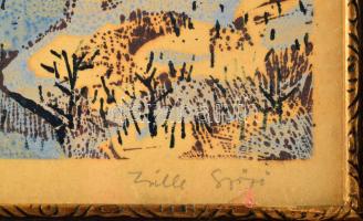 Zsille Győző (1925-2003): Téli táj. Színes linómetszet, papír, jelzett, üvegezett keretben 26x34 cm
