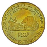 Románia 2003. "Temesvári Filatéliai Egyesület - 1903-2003 / Nemzeti Filatéliai Kiállítás - Temesvár Centenárium - 2003. október 9." kétoldalas, aranyozott fém emlékérem műanyag tokban. Szign.: "O D" (40mm) T:AU Romania 2003. "Asociatia Filatelica Timisoara - 1903-2003 / Expozitia Filatelica Nationala - Centenar Timisorean - 9 octombrie 2003" two-sided, gilt metal commemorative medallion in plastic case. Sign.: "O D" (40mm) C:AU