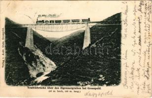1902 Nagyapold, Grosspold, Apoldu Mare, Apoldu de Sus; Ördög vasúti híd a Cigány-árok felett, gőzmozdony, vonat. Andr. Glatz kiadása / Teufelsbrücke über den Zigeunergraben / railway bridge, viaduct, locomotive, train (EB)