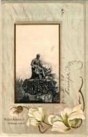 1912 Nagykároly, Carei; Kölcsey Ferenc szobor. Eigner Simon kiadása, szecessziós-virágos dombornyomott litho keret / statue, monument. Art Nouveau, floral, Emb. litho frame (apró lyuk / tiny pinhole)