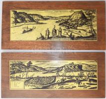 Esztergom és Visegrád látképe. 2 db régi metszetekről készült reprodukció. Fémlemez, fa alapon, falra akasztható, 15,5x36 cm és 17x36 cm