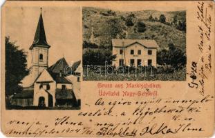 1904 Nagyselyk, Nagy-Selyk, Marktschelken, Seica Mare; vasútállomás, templom / railway station, church (b)