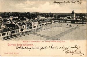 1905 Nagyszalonta, Salonta; Piactér, Arany emléktorony, Reich Jakab üzlete, zsinagóga. Székely J. Jenő kiadása / market square, tower, shops, synagogue (fl)