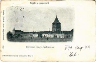 1899 Nagyszalonta, Salonta; Piactér, Arany emléktorony, zsinagóga, üzletek. Fábián L. Dezső kiadása, Schwidernoch Károly műintézete / market square, tower, shops, synagogue (szakadások / tears)