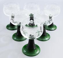 Francia szőlőmintás boros pohár garnitúra, anyagában színezett talpazattal, 6 darab, jelzett, hibátlan, m: 14 cm