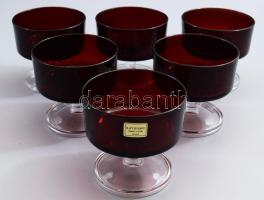 Francia likőrös pohár garnitúra, anyagában vörösen színezett, 6 db, jelzett, hibátlan, m: 8,5 cm