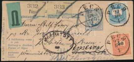 1892 Utalványdarab Színesszámú 10kr + Feketeszámú 50kr bélyeggel, "KIADATOTT" bélyegzéssel Versetzbe, majd onnan Temesvárra továbbküldve, "PÉCS"