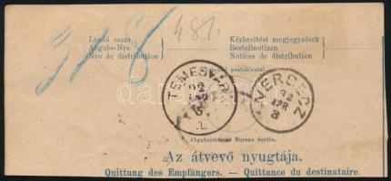 1892 Utalványdarab Színesszámú 10kr + Feketeszámú 50kr bélyeggel, "KIADATOTT" bélyegzéssel...