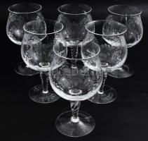 Antik kristály talpas borospohár garnitúra, 6 darab, kézzel csiszolt virágmintával, jelzés nélkül, hibátlan, m: 14 cm