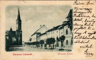 1900 Lőcse, Levoca; Fő utcai részlet, templom / main street, church (tűnyomok / pin marks)