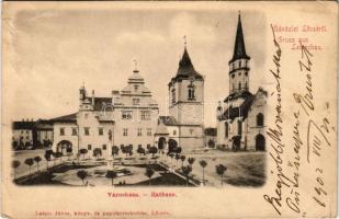 1902 Lőcse, Levoca; Városháza, templom. Latzin János kiadása / Rathaus / town hall, church (szakadás / tear)