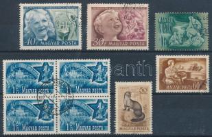 6 db bélyeg számvízjellel, az egyik négyestömbben (Gyermek, Erdei állatok stb.)