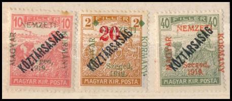 Szeged 1919 Köztársaság/Arató 10f, 20/2f, 40f, Bodor vizsgálójellel (**12.700) (rozsdapöttyök / stain spots)