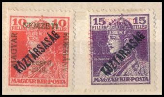 Szeged 1919 Köztársaság/Károly 10f és 15f, Bodor vizsgálójellel (**12.000)