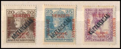 Szeged 1919 Köztársaság/Károly 00f, 25f és Köztársaság/Zita 50f, Bodor vizsgálójellel (**35.000)