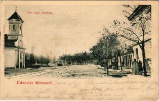 1902 Módos, Jasa Tomic; Római katolikus templom, üzletek. Lustein Marcus kiadása / Catholic church, shops (EB)