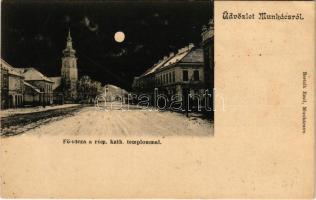 Munkács, Mukacheve, Mukachevo, Mukacevo; Fő utca, Római katolikus templom télen este holdfényben, üzletek. Bertsik Emil kiadása / main street at winter night in moonlight, shops (kis szakadás / small tear)