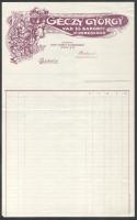 cca 1920 Bp., Géczy György Központi Vásárcsarnokbeli vad- és baromfikereskedő dekoratív szecessziós fejlécű kitöltetlen számlája, hajtva, szép állapotban