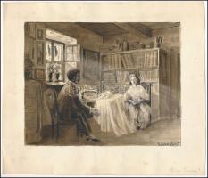 Keöpeczi Sebestyén József (1878-1964): Tea (cím nélkül). Vegyes technika, papír, jelzett, 13,5x8,5 cm.  Keöpeczi (néhol köpeczi) Sebestyén József (Szék, 1878 - Kolozsvár, 1964) erdélyi címerművész, heraldikus, genealógus; 1903 és 1914 között Kolozsváron a Genealógiai Füzetek c. folyóirat szerkesztője; őt kérték fel a Magyar Királyság új középcímerének és pecsétjének megtervezésére, valamint 1916-ban IV. Károly koronázási ünnepsége díszleteinek megtervezésében is részt vett; az I. világháborúban a Székely Hadosztály tagja volt, majd román fogságba került; 1921-ben I. Ferdinánd román király felkérésére ő tervezte meg a Román Királyság címerét.