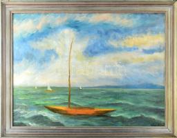 Sági Sándor (1917-2007): Színes vitorlások (Balaton). Olaj, vászon, jelzett. Hátoldalán a Képcsarnok Vállalat címkéjével, . Fa keretben. 60×80 cm.