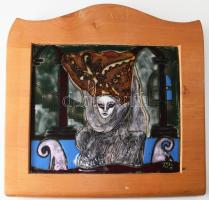 Kaposváriné Mihályi Mária: Karnevál a vásznon. Tűzzománc kép, jelzett, fa keretben, 18x23 cm