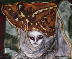 Kaposváriné Mihályi Mária: Karnevál a vásznon. Tűzzománc kép, jelzett, fa keretben, 18x23 cm