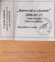 Kaposváriné Mihályi Mária: Karnevál a vásznon. Tűzzománc kép, jelzett, fa keretben, 18x23 cm