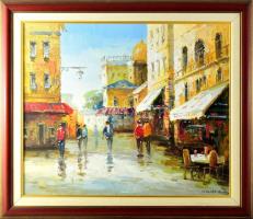 Molnár Gábor: Utcarészlet. Olaj, farost . Fa keretben. 50x60 cm.