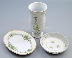 Hollóházi Erika mintás 3 részes szett: váza, kínáló, áttört kínáló. Jelzett, hibátlan, m: 21 cm