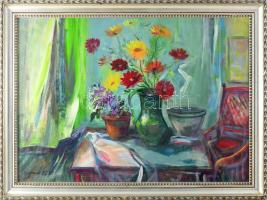 Göldner Tibor (1929-2013): Virágos asztal. Olaj, farost 50x70 cm Fa keretben