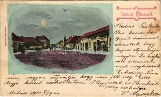 1900 Mohács, Király utca este holdfényben, üzletek. Rosenthal Márk kiadása (EB)