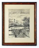 Zádor István (1882-1963): Zajlik a Duna. Színezett rézkarc, papír, jelzett. JÜvegezett keretben 34x24 cm