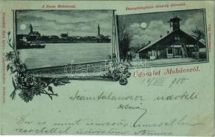 1900 Mohács, Dunagőzhajózási társaság állomása, kikötő, a Duna Mohácsnál este holdfényben. Rosenthal Márk kiadása. Art Nouveau, floral (fl)