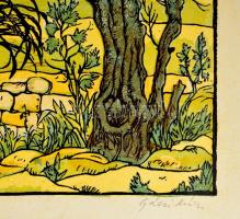 Gácsi Mihály (1926-1987): Brémai muzsikusok I. Színes linómetszet, papír. Jelzett . 32×45 cm