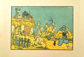 Gácsi Mihály (1926-1987): Brémai muzsikusok III. Színes linómetszet, papír. Jelzett . 32×45 cm