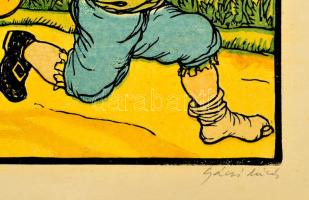 Gácsi Mihály (1926-1987): Brémai muzsikusok III. Színes linómetszet, papír. Jelzett . 32×45 cm