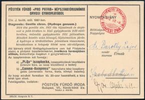 1932 Pöstyénfürdő (Felvidék), Pro Patria Szanatórium által alkalmazott reumatikus iszapkocka kezelés reklámlapja magyar nyelven, postán feladva, 11×16 cm