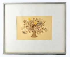 Molnár Gabriella (1940-): Kosár. Színezett rézkarc, papír, jelzett, 22x32 cm Üvegezett keretben