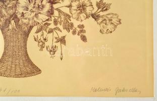 Molnár Gabriella (1940-): Kosár. Színezett rézkarc, papír, jelzett, 22x32 cm Üvegezett keretben