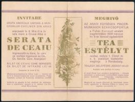 1929 Az Aradi (Erdély) Egységes Pincérmunkások Szakcsoportja által rendezendő Tea-Estély dekoratív kétlapos meghívója román és magyar nyelven, szép állapotban